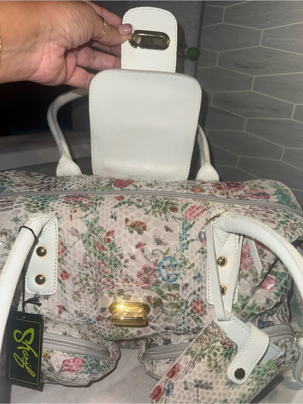 NWT Sharif Shimmer Floral Print Shoulder Bag Gold Tone Hardware & Removal Pouch